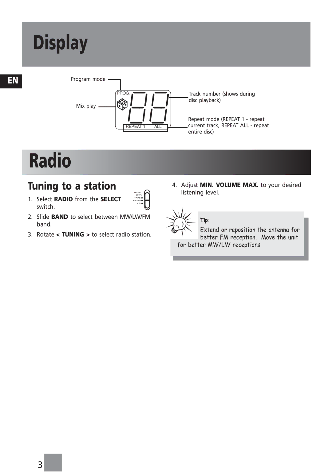 Technicolor - Thomson TM9233 user service Display, Radio, Tuning to a station 