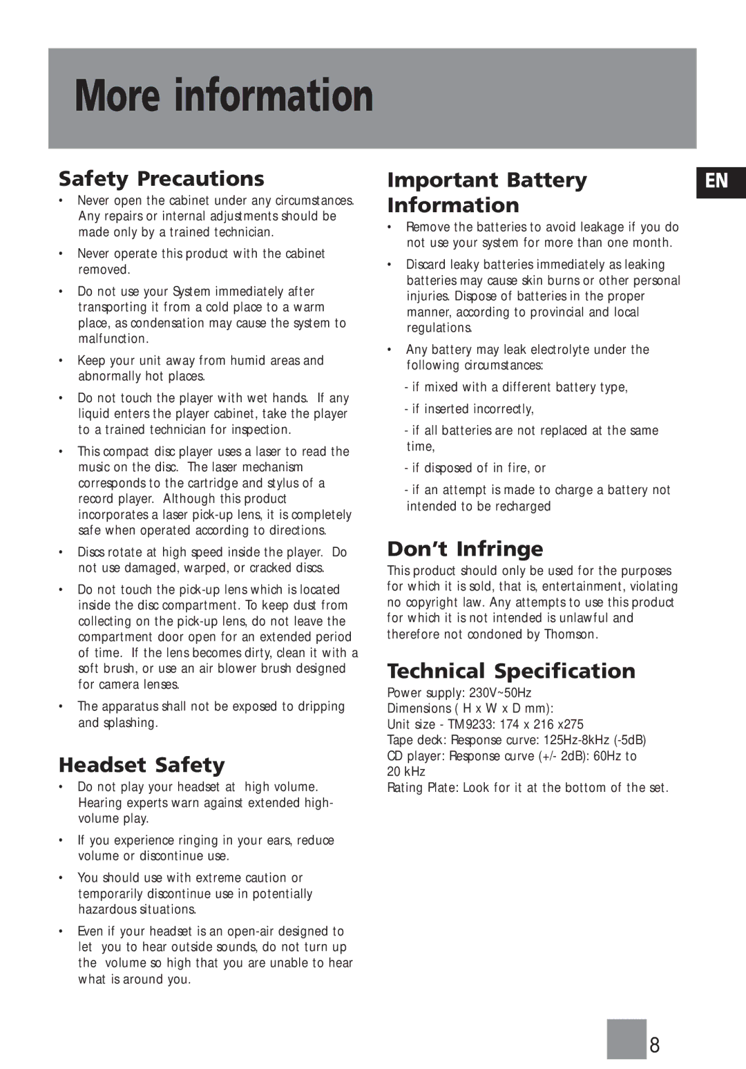 Technicolor - Thomson TM9233 user service More information, Safety Precautions 