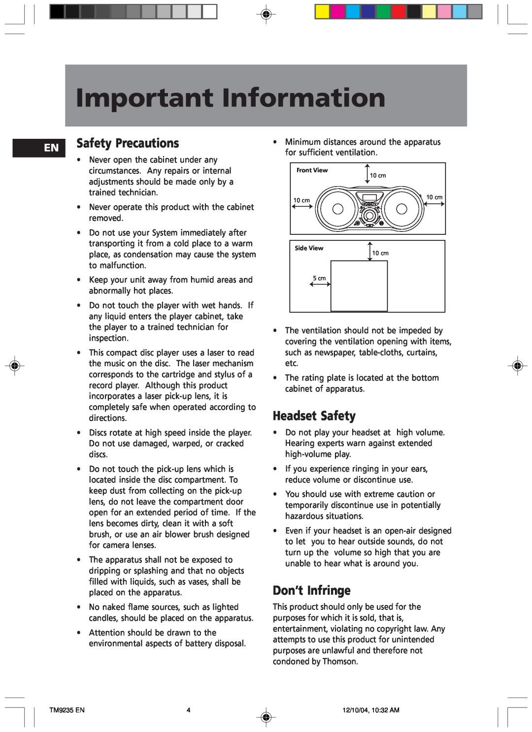 Technicolor - Thomson TM9235 EN manual Important Information, Safety Precautions, Headset Safety, Don’t Infringe 