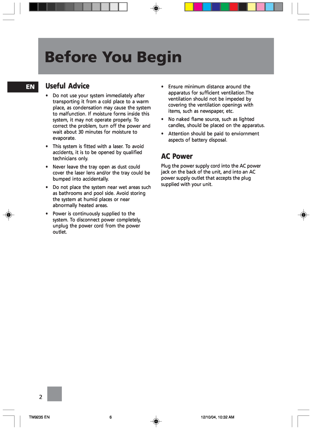 Technicolor - Thomson TM9235 EN manual Before You Begin, Useful Advice, AC Power 