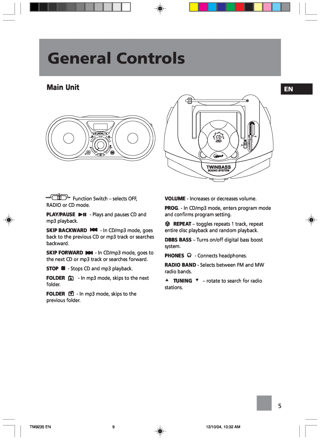 Technicolor - Thomson TM9235 EN manual General Controls, Main Unit 