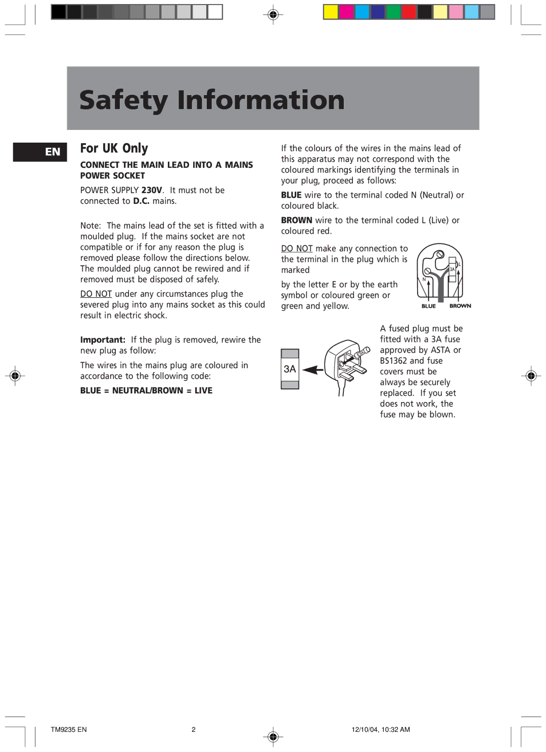 Technicolor - Thomson TM9235 EN manual Safety Information, For UK Only 