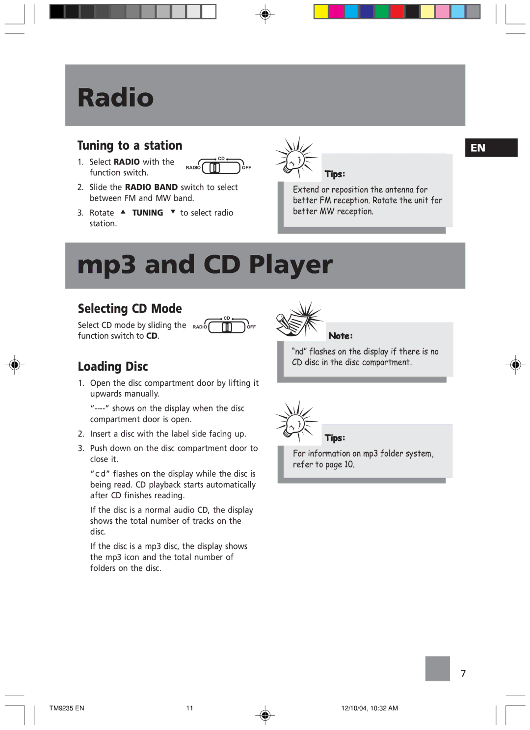 Technicolor - Thomson TM9235 EN manual Radio, Mp3 and CD Player, Tuning to a station, Selecting CD Mode, Loading Disc 