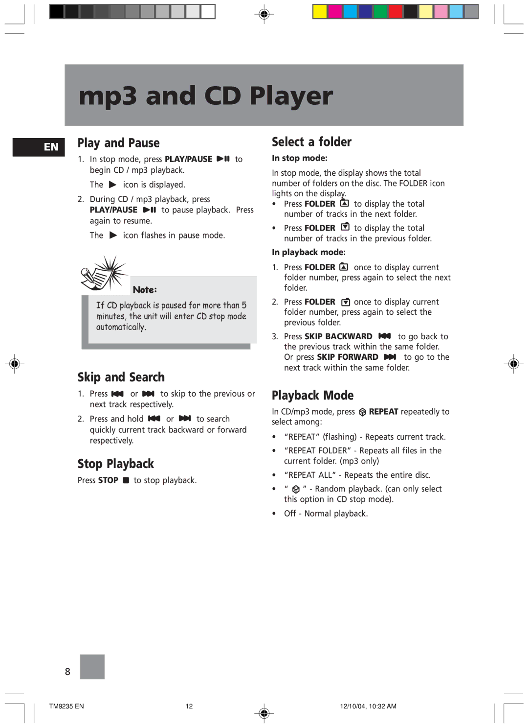 Technicolor - Thomson TM9235 EN manual EN Play and Pause, Skip and Search, Stop Playback, Select a folder, Playback Mode 