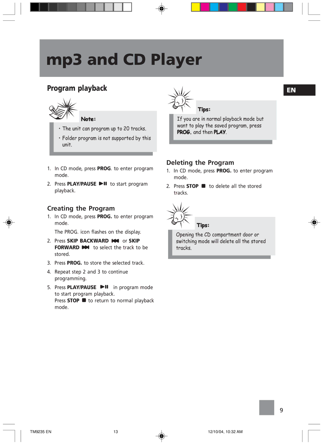 Technicolor - Thomson TM9235 EN Program playback, Creating the Program, Deleting the Program, Press Skip Backward or Skip 