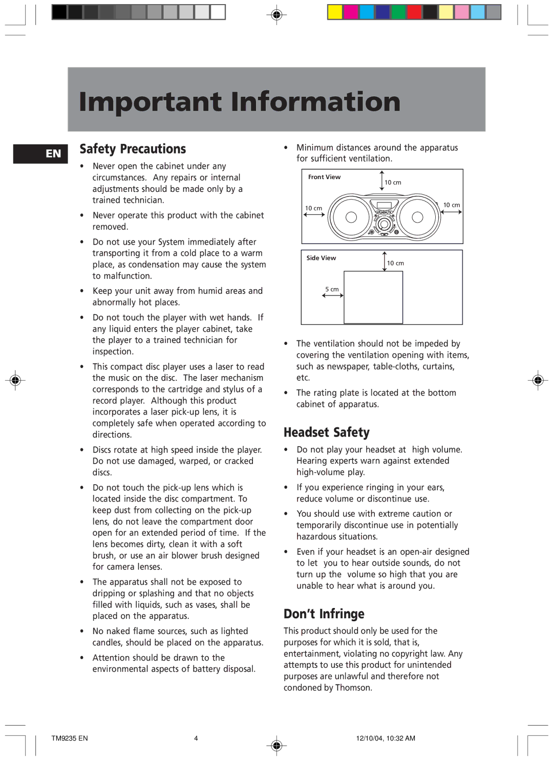 Technicolor - Thomson TM9235 EN manual Important Information, Safety Precautions, Headset Safety, Don’t Infringe 