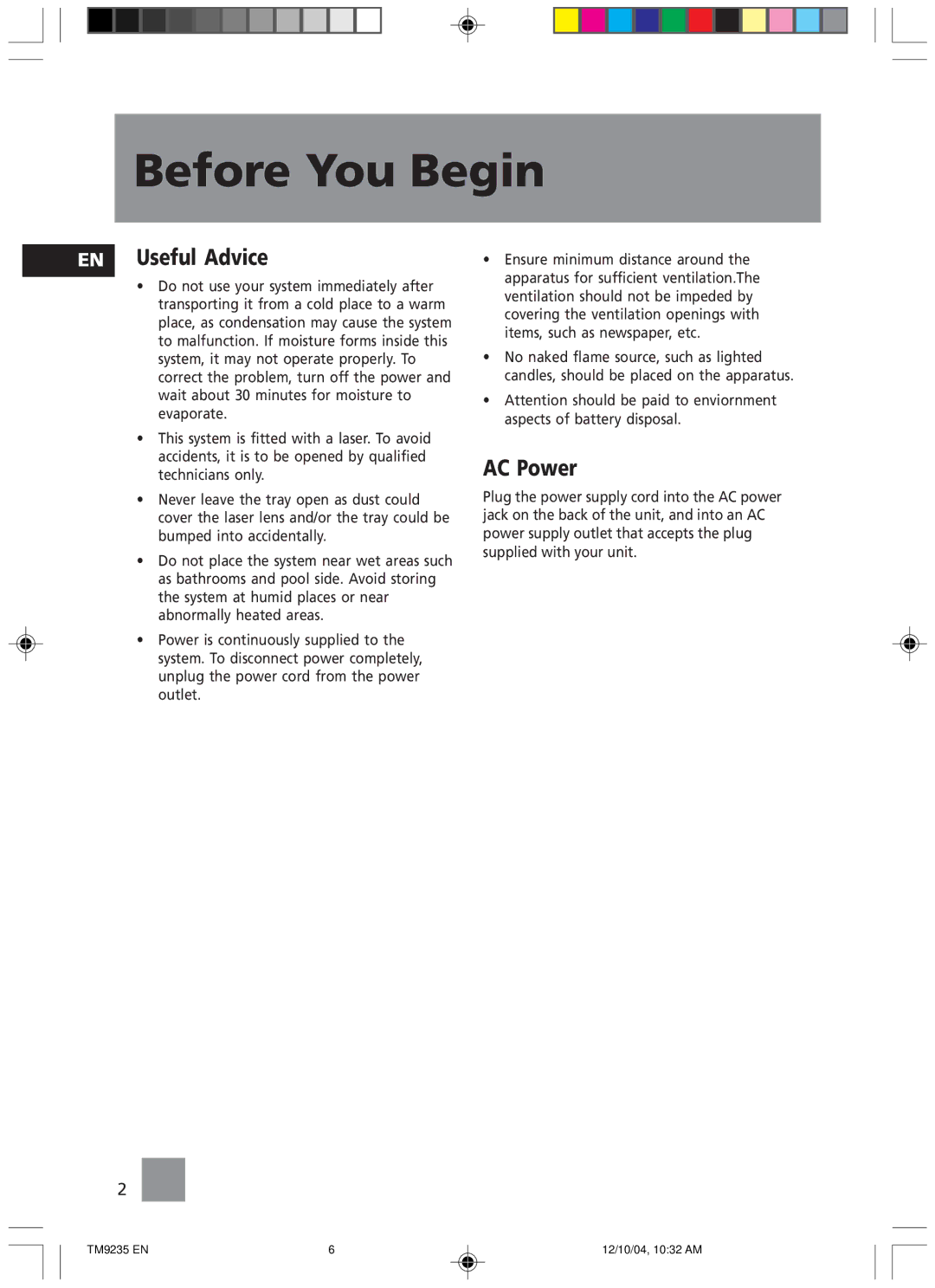 Technicolor - Thomson TM9235 EN manual Before You Begin, Useful Advice, AC Power 