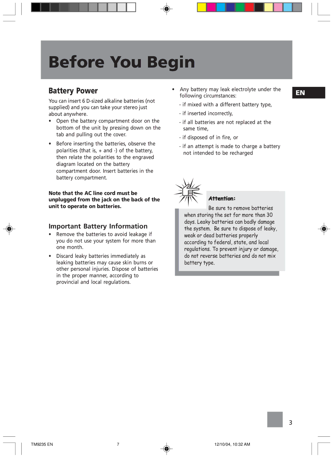 Technicolor - Thomson TM9235 EN manual Battery Power, Important Battery Information 