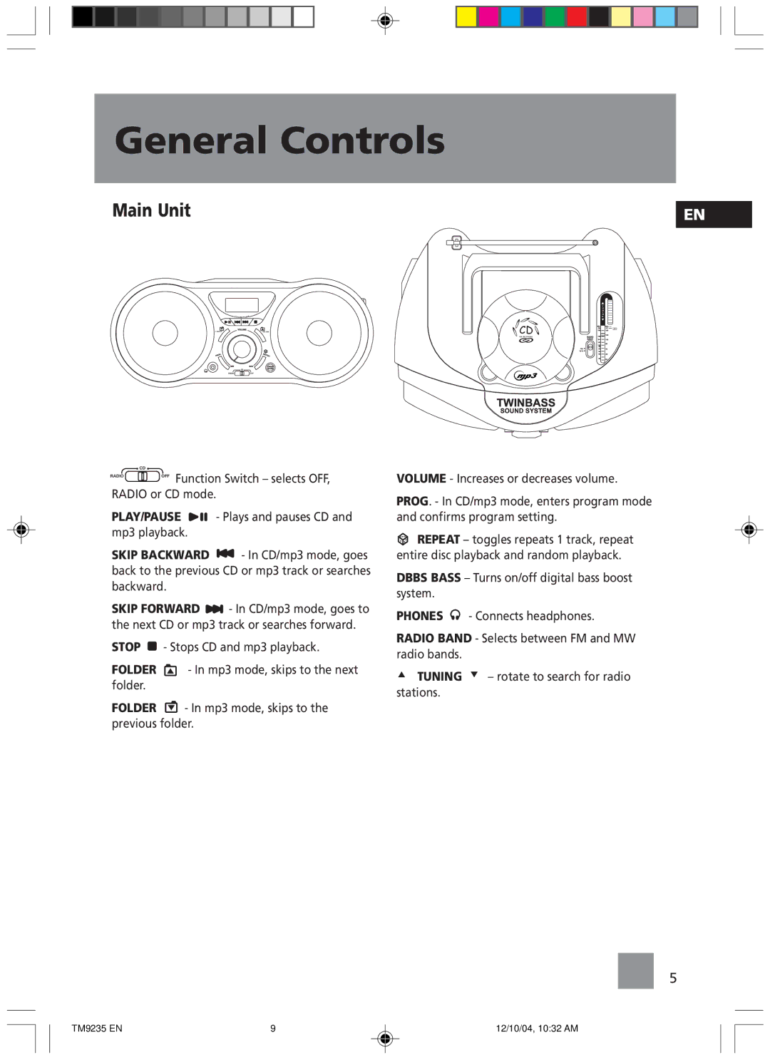 Technicolor - Thomson TM9235 EN manual General Controls, Main Unit 