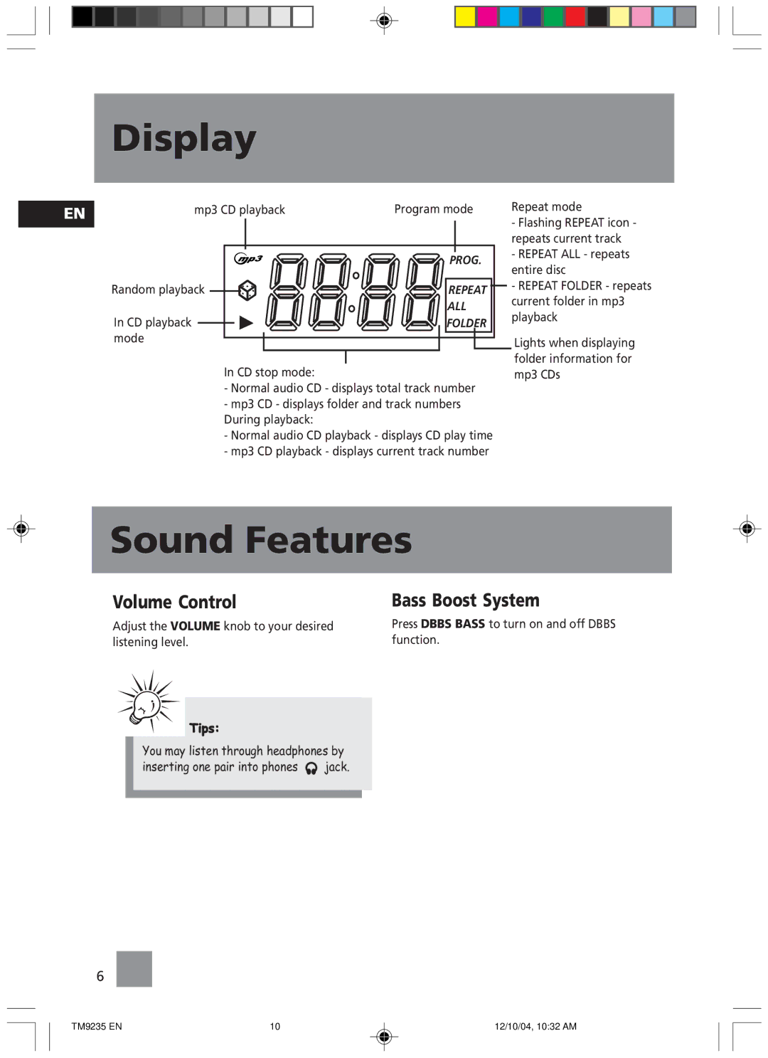 Technicolor - Thomson TM9235 EN manual Display, Sound Features, Volume Control, Bass Boost System 