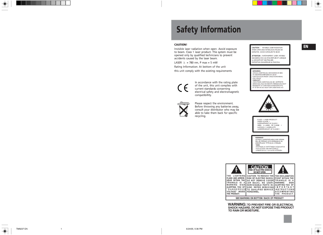 Technicolor - Thomson TM9237 user service Safety Information, Vo R S I C H T 