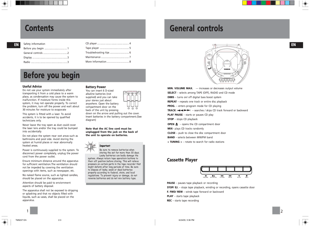 Technicolor - Thomson TM9237 user service Contents, General controls, Before you begin 