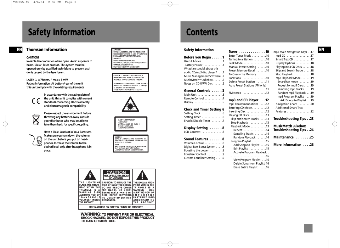 Technicolor - Thomson TM9255 manual Safety Information, Contents, EN Thomson Information 
