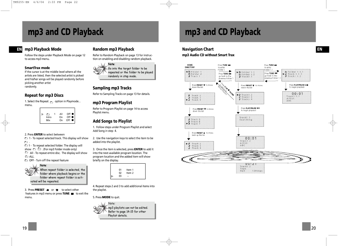 Technicolor - Thomson TM9255 manual EN mp3 Playback Mode, Repeat for mp3 Discs, Random mp3 Playback, Sampling mp3 Tracks 