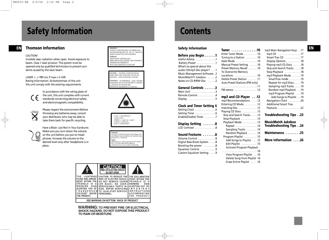 Technicolor - Thomson TM9255 manual Safety Information Contents 