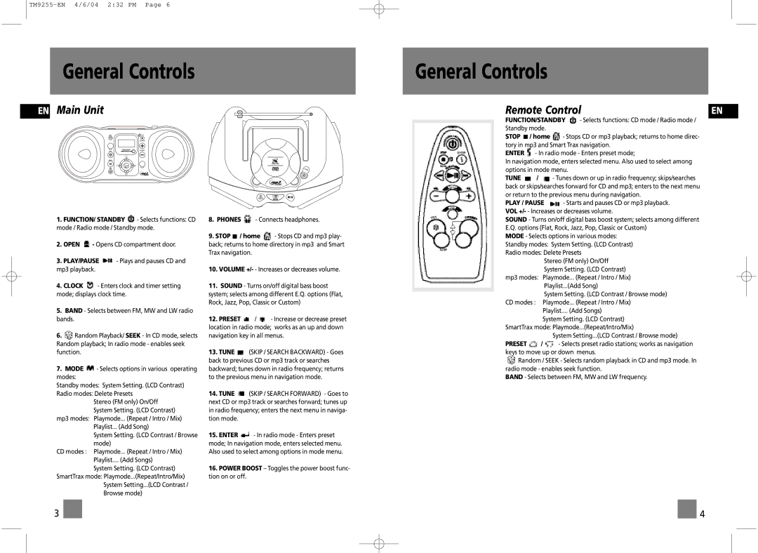 Technicolor - Thomson TM9255 manual General Controls, EN Main Unit, Remote Control, Home 