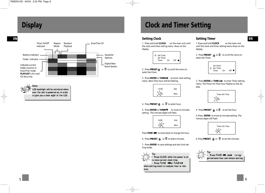Technicolor - Thomson TM9255 manual Display Clock and Timer Setting, Setting Clock, Setting Timer, Press Enter or Tune 
