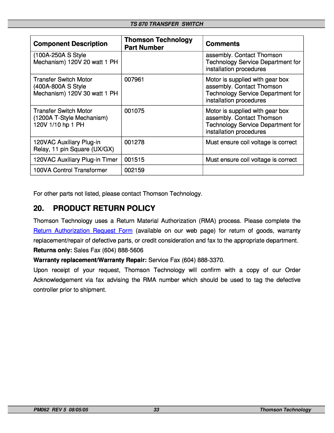 Technicolor - Thomson TS 870 Product Return Policy, Component Description, Thomson Technology, Comments, Part Number 