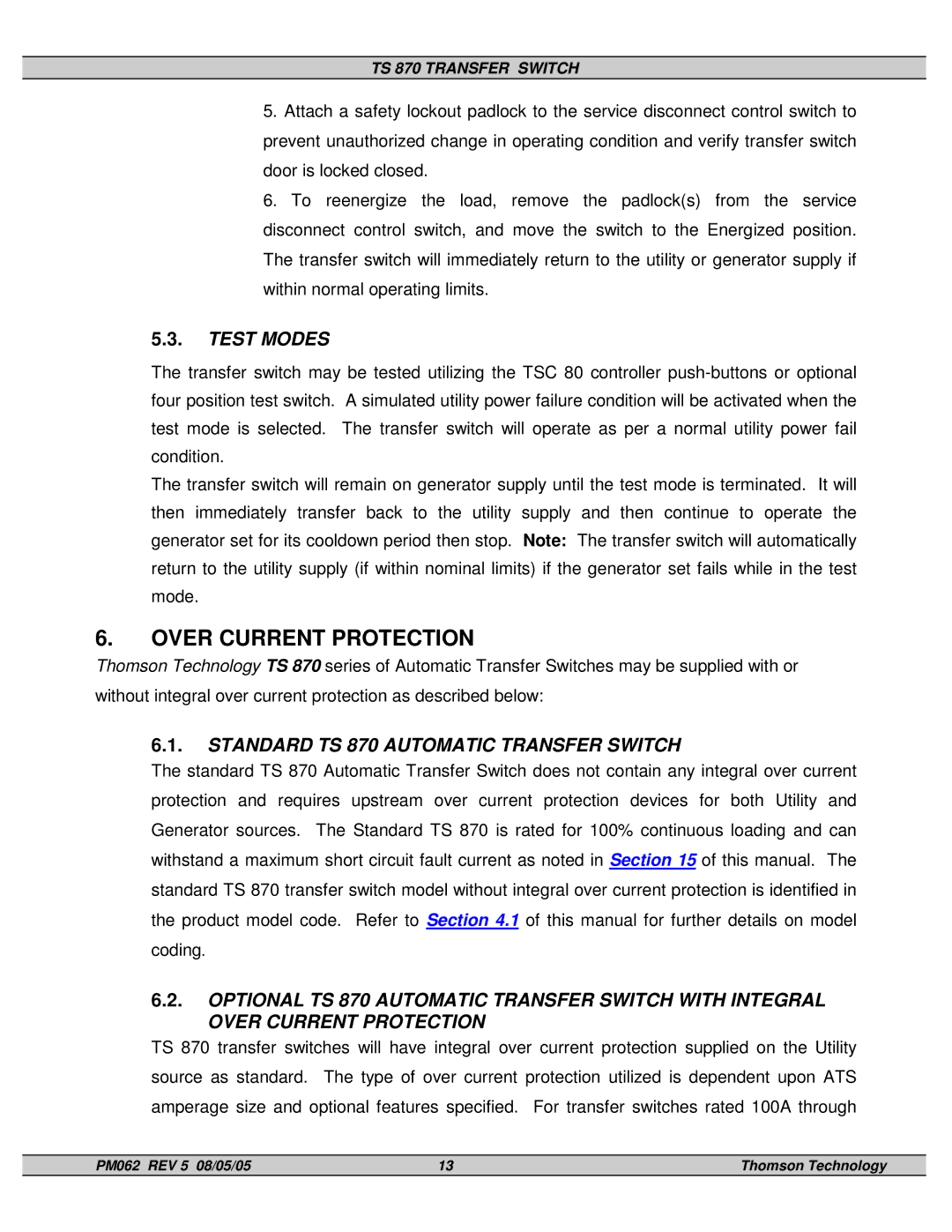 Technicolor - Thomson service manual Over Current Protection, Test Modes, Standard TS 870 Automatic Transfer Switch 