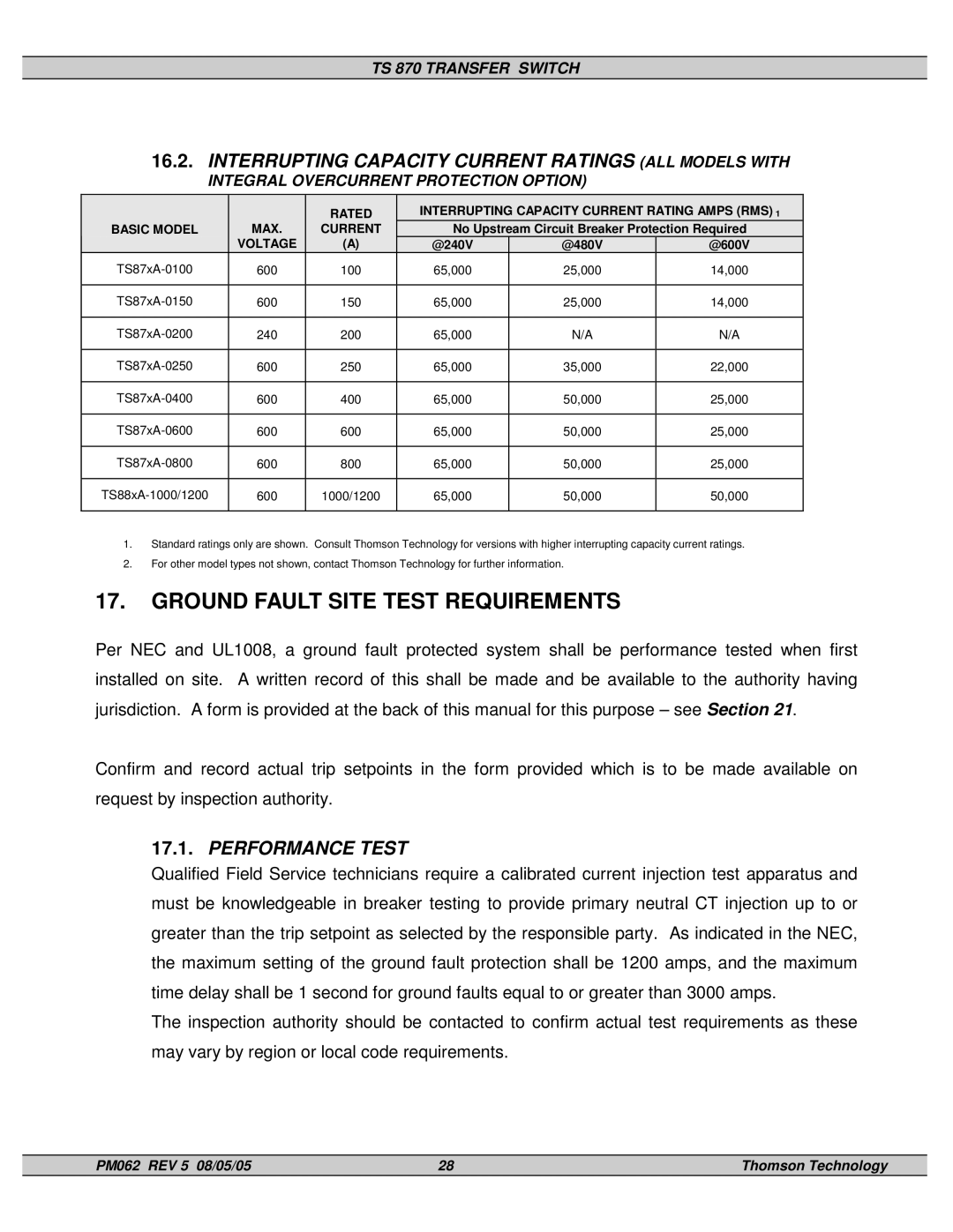 Technicolor - Thomson TS 870 Ground Fault Site Test Requirements, Interrupting Capacity Current Ratings ALL Models with 