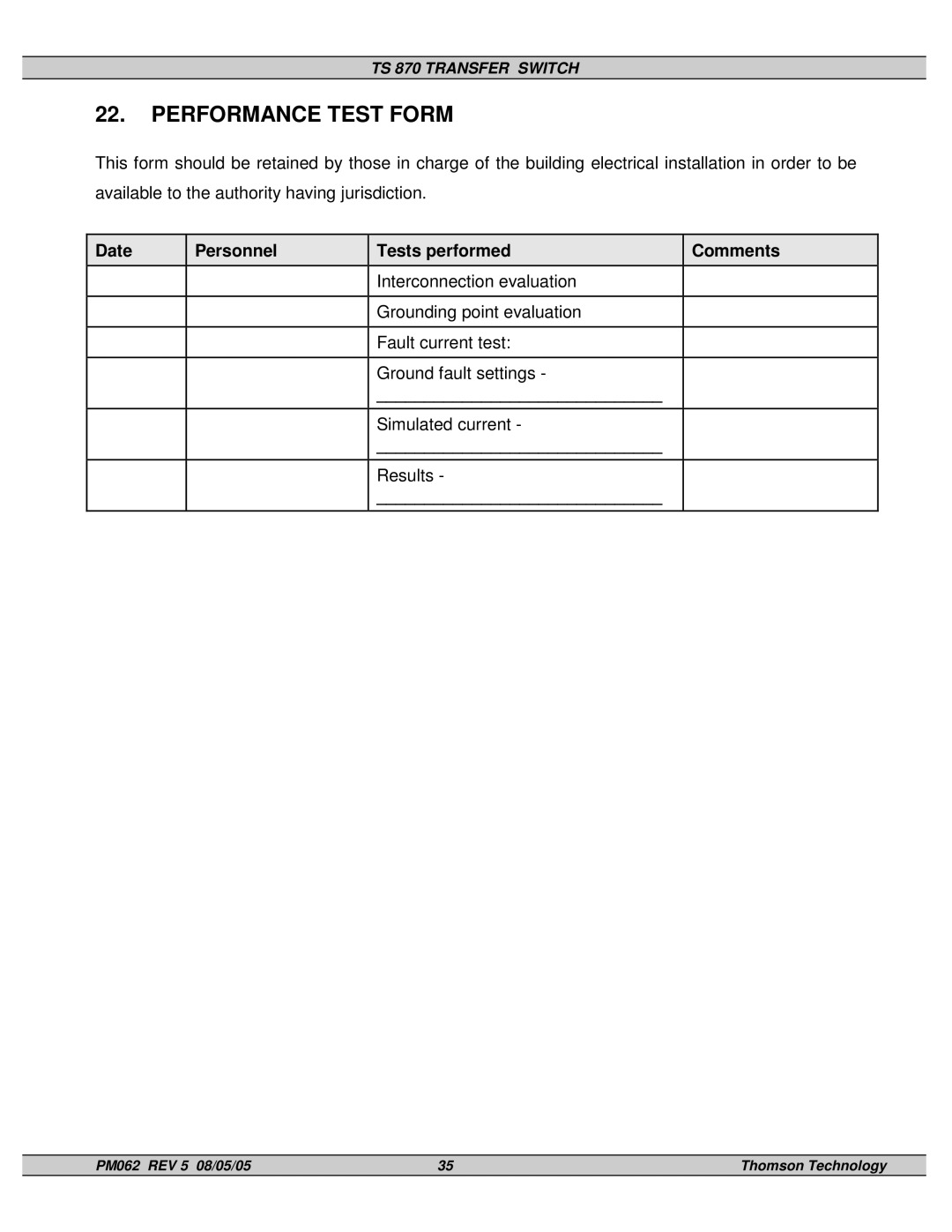 Technicolor - Thomson TS 870 service manual Performance Test Form 