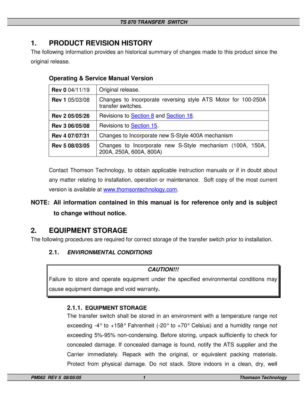 Technicolor - Thomson TS 870 service manual Product Revision History, Equipment Storage 