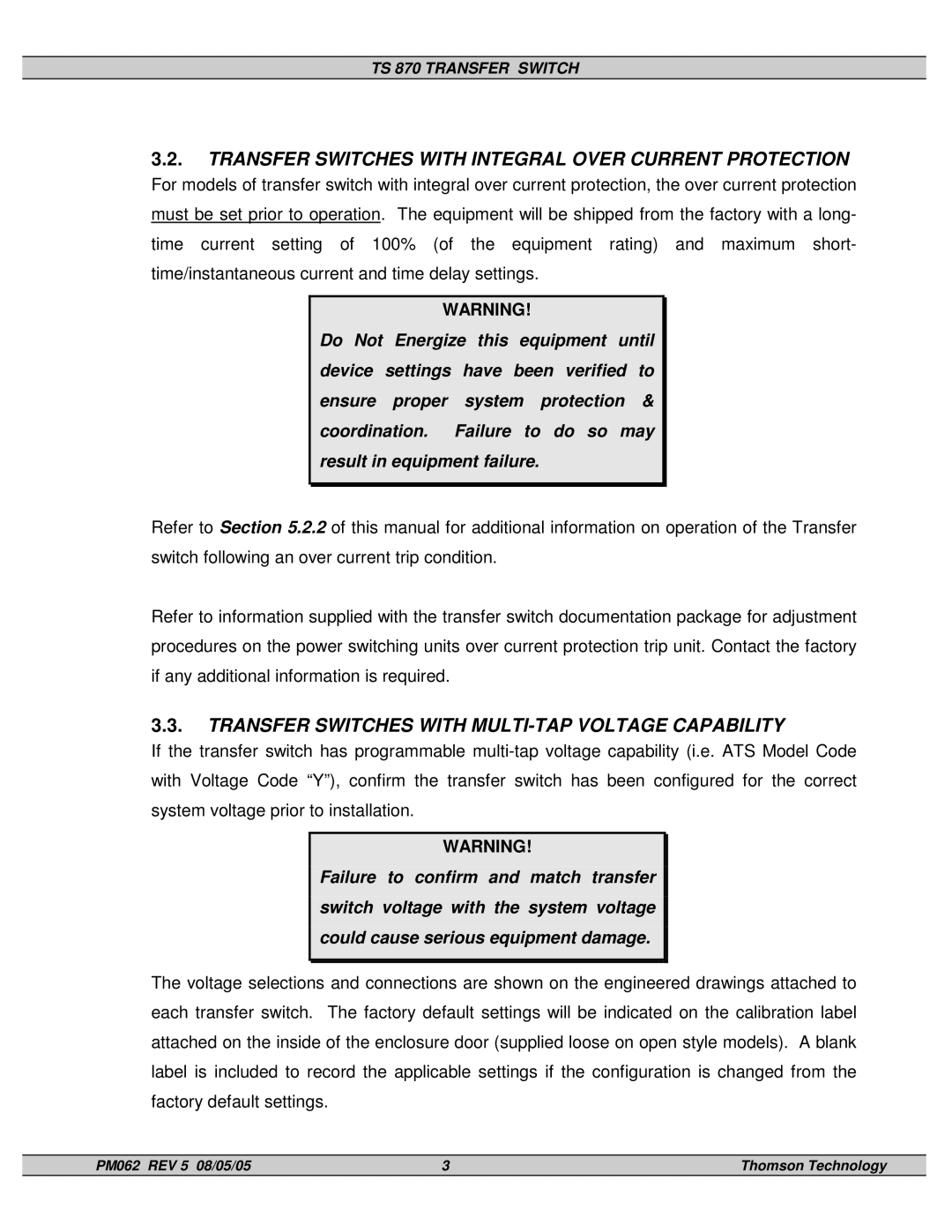 Technicolor - Thomson TS 870 service manual Transfer Switches with Integral Over Current Protection 