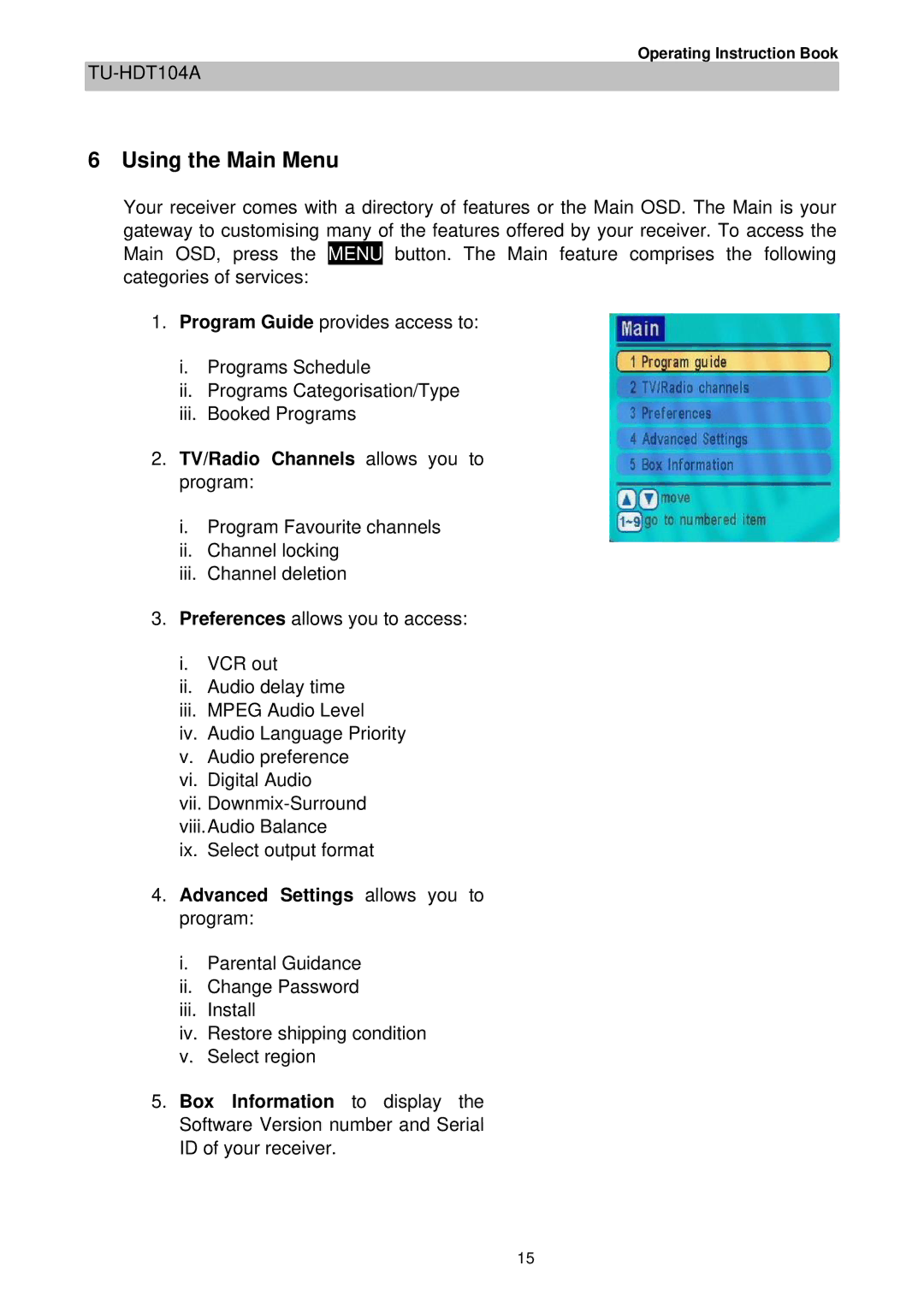 Technicolor - Thomson TU-HDT104A manual Using the Main Menu 