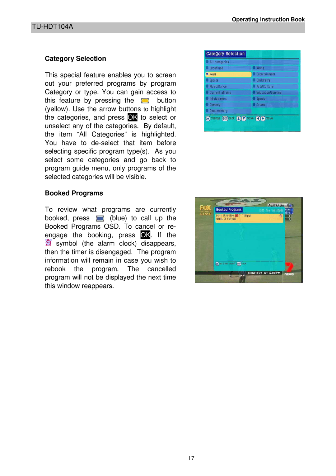 Technicolor - Thomson TU-HDT104A manual Category Selection, Booked Programs 