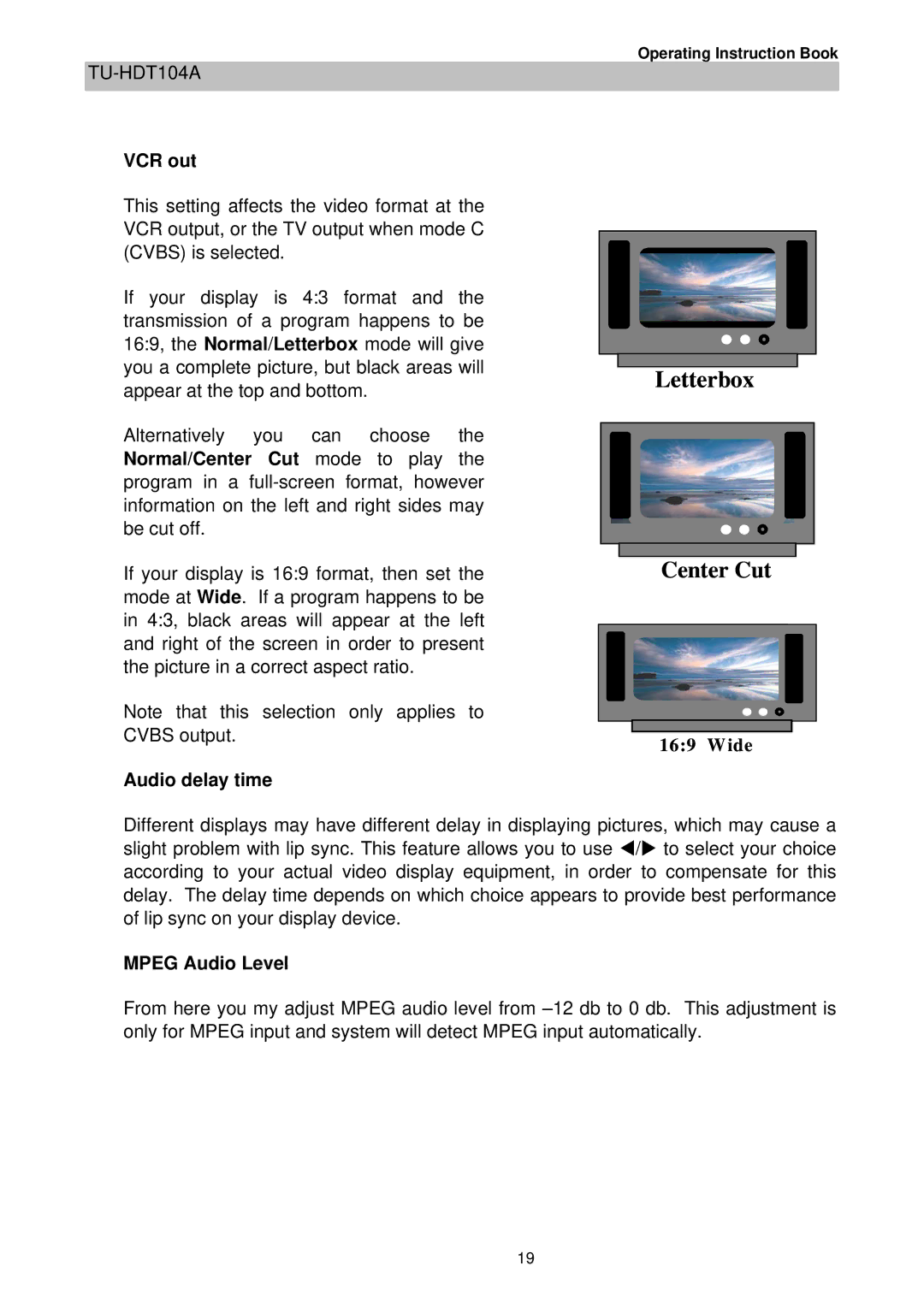 Technicolor - Thomson TU-HDT104A manual VCR out, Audio delay time, Mpeg Audio Level 