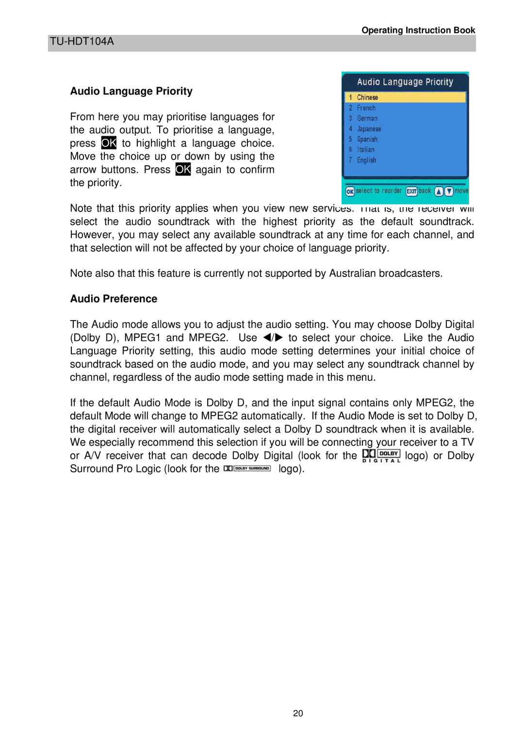 Technicolor - Thomson TU-HDT104A manual Audio Language Priority, Audio Preference 