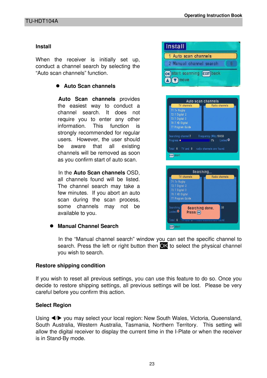 Technicolor - Thomson TU-HDT104A manual Install, Auto Scan channels, Manual Channel Search, Restore shipping condition 