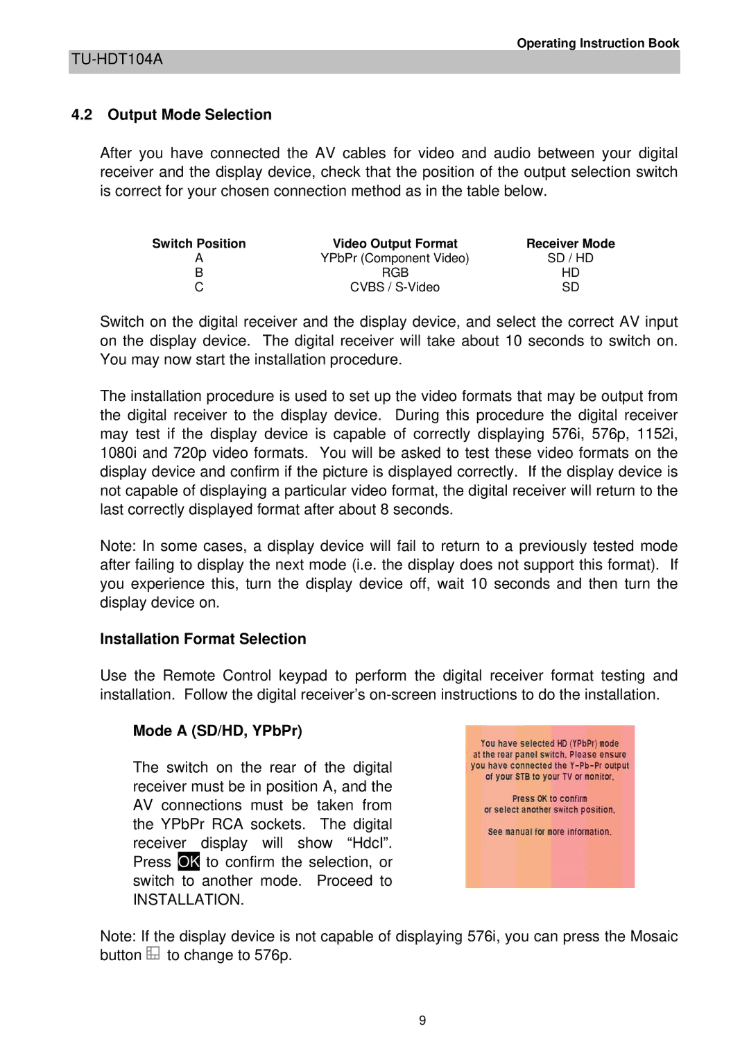 Technicolor - Thomson TU-HDT104A manual Output Mode Selection, Installation Format Selection 