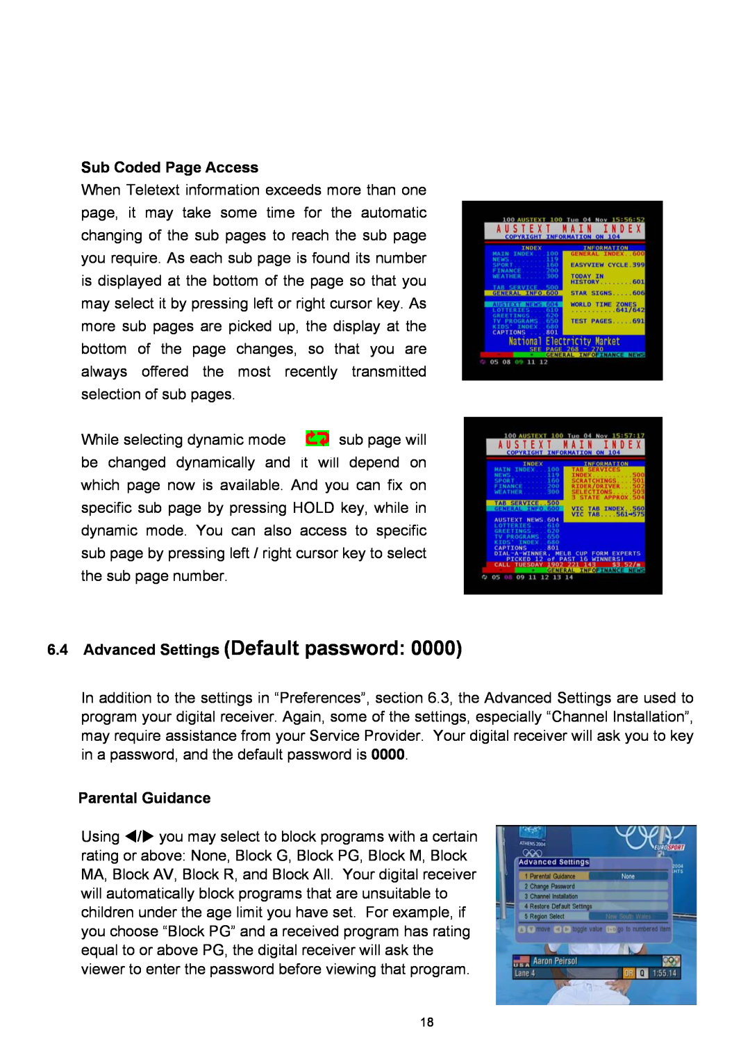 Technicolor - Thomson TU-SZT105A 6.4Advanced Settings Default password, Sub Coded Page Access, Parental Guidance 
