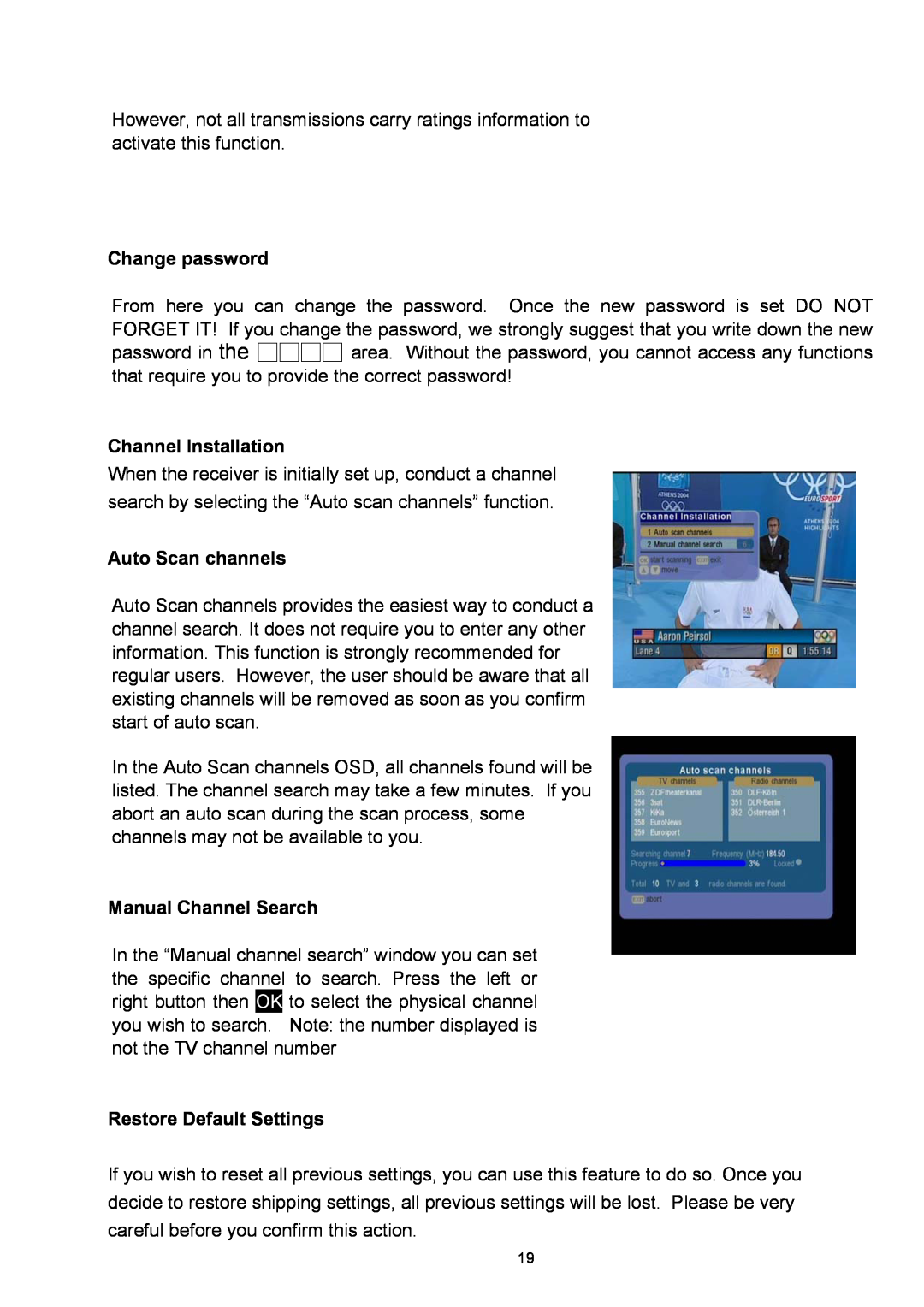 Technicolor - Thomson TU-SZT105A Change password, Channel Installation, Auto Scan channels, Manual Channel Search 