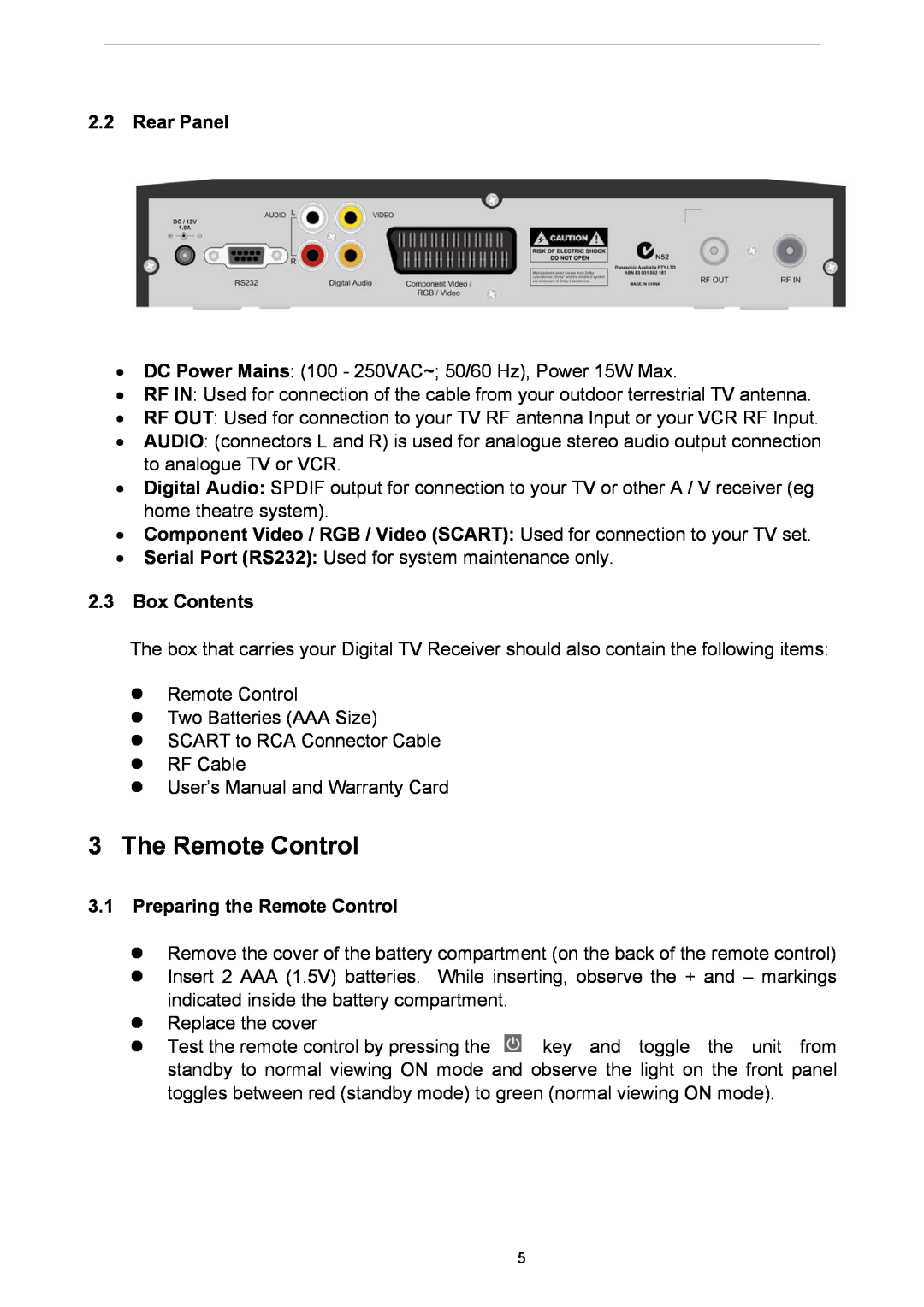 Technicolor - Thomson TU-SZT105A The Remote Control, 2.2Rear Panel, 2.3Box Contents, 3.1Preparing the Remote Control 