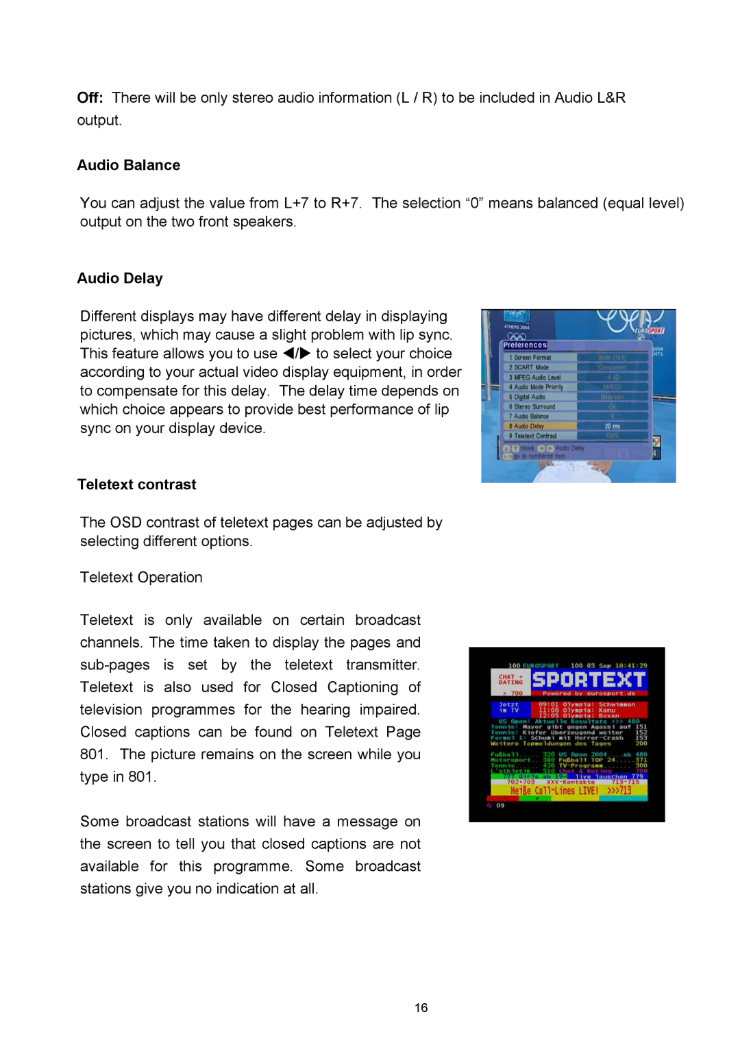 Technicolor - Thomson TU-SZT105A instruction manual Audio Balance, Audio Delay, Teletext contrast 