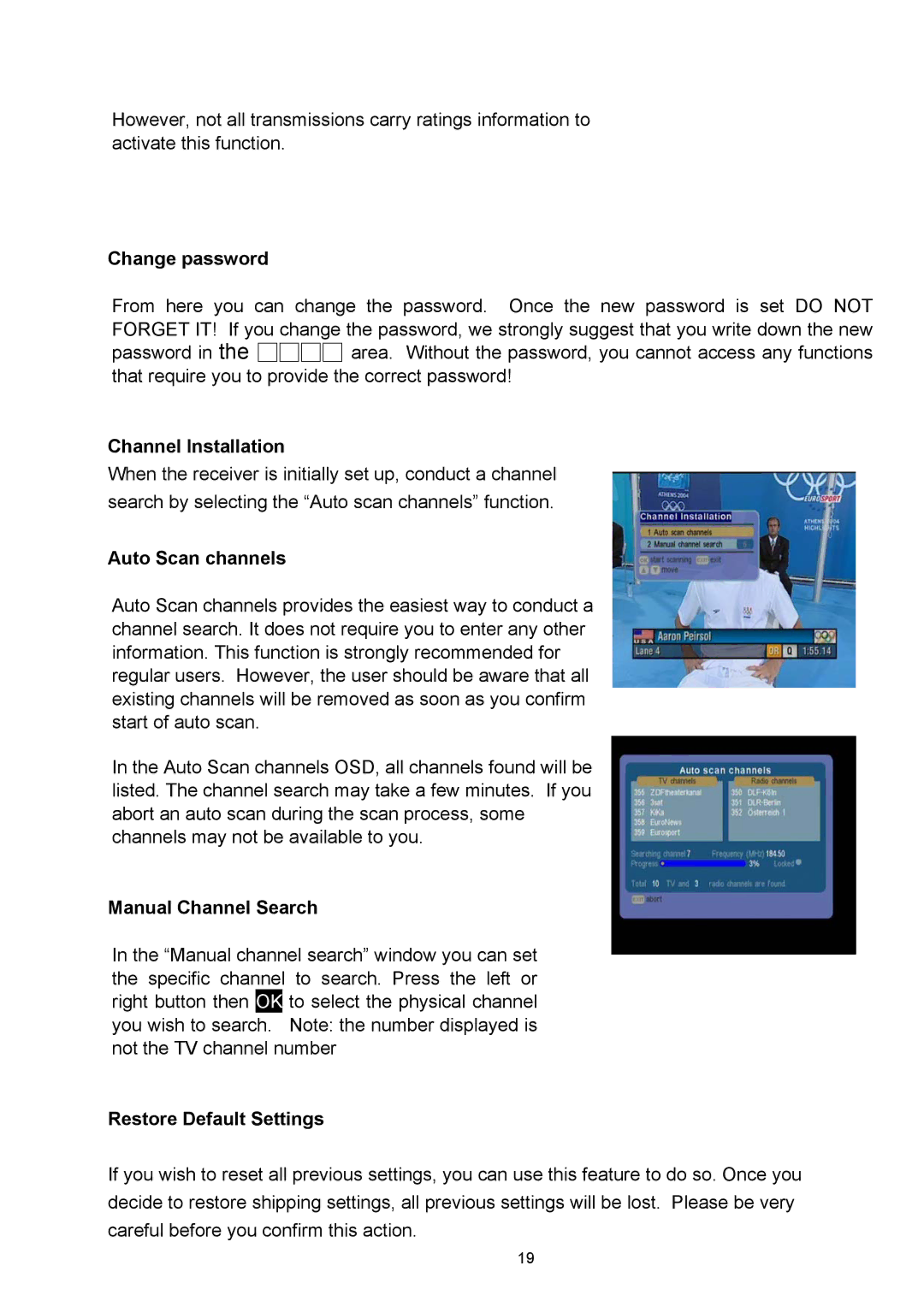 Technicolor - Thomson TU-SZT105A Change password, Channel Installation, Auto Scan channels, Manual Channel Search 