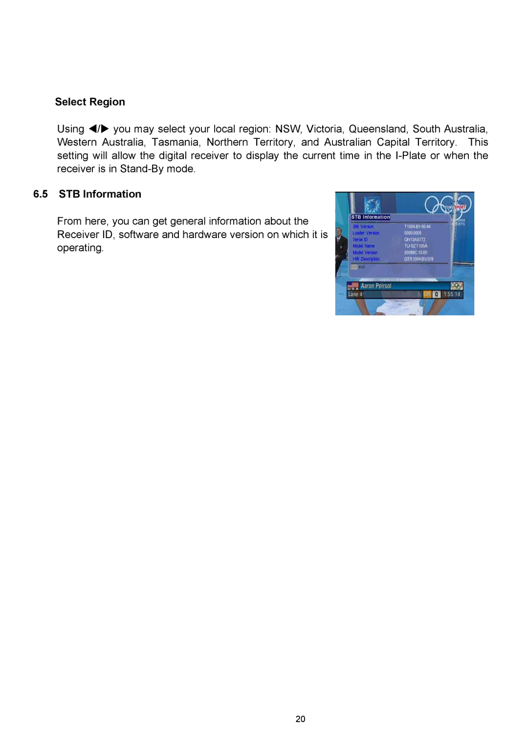 Technicolor - Thomson TU-SZT105A instruction manual Select Region, STB Information 