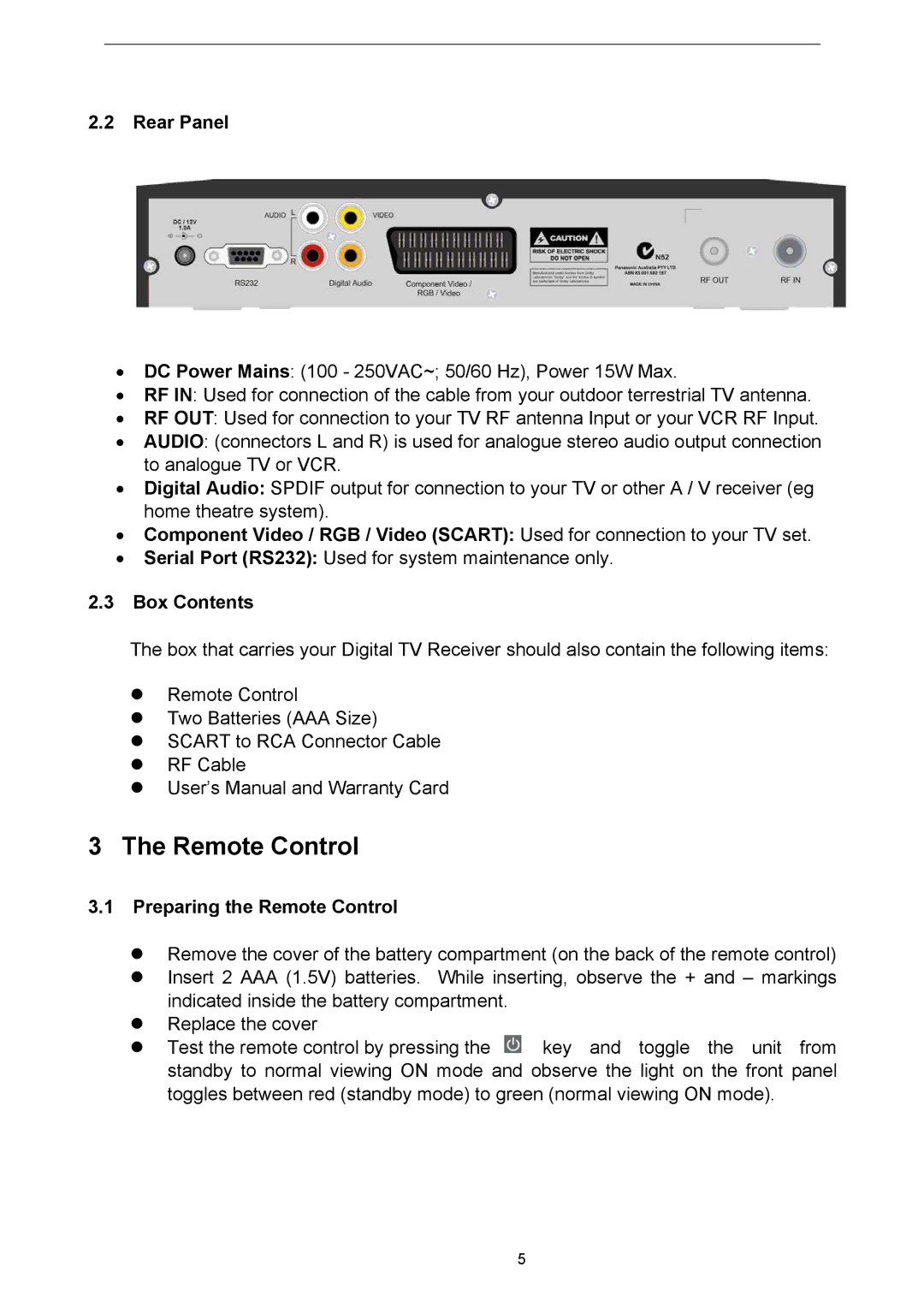 Technicolor - Thomson TU-SZT105A instruction manual Rear Panel, Box Contents, Preparing the Remote Control 