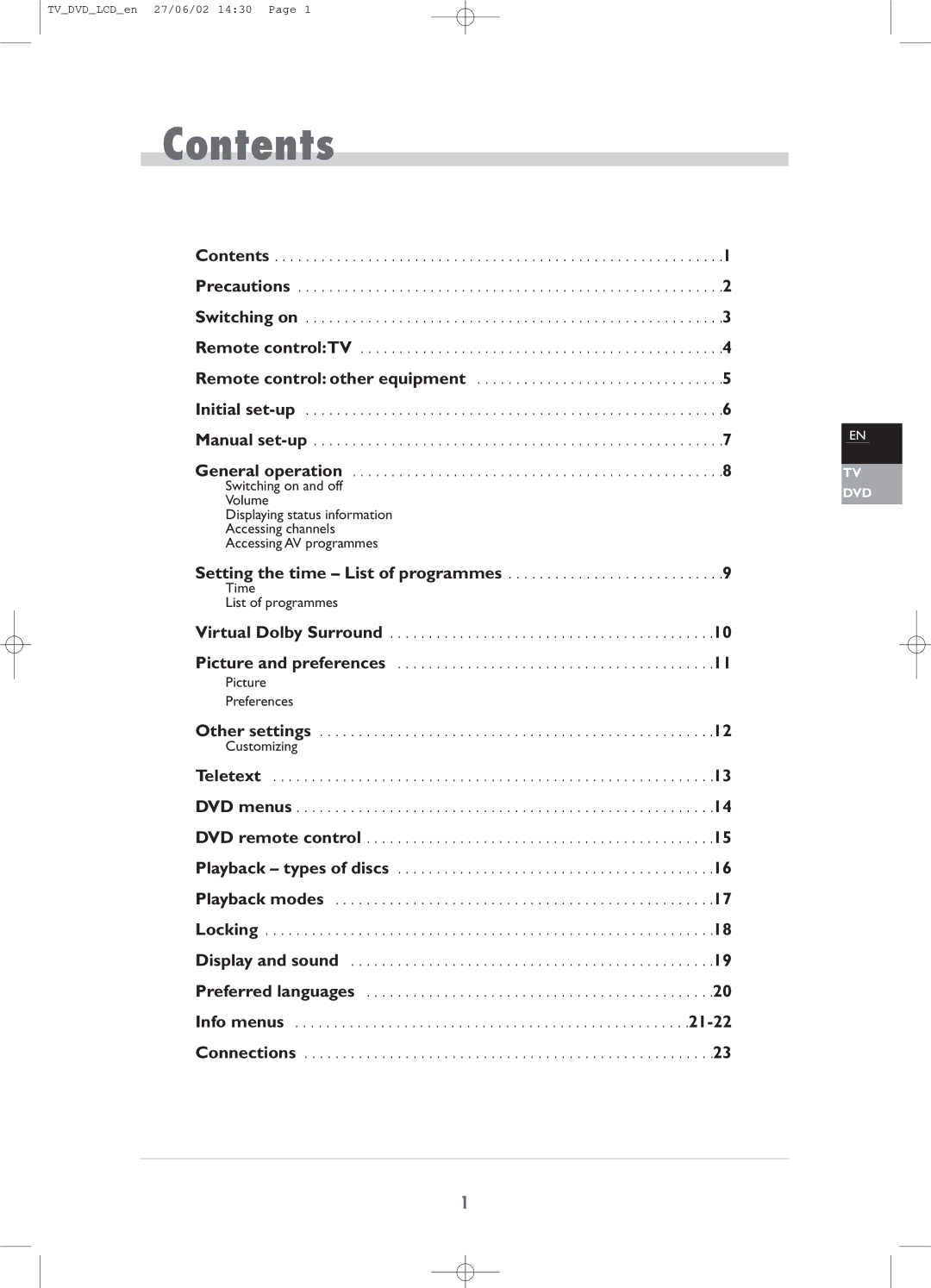 Technicolor - Thomson TV/DVD Combo manual Contents 