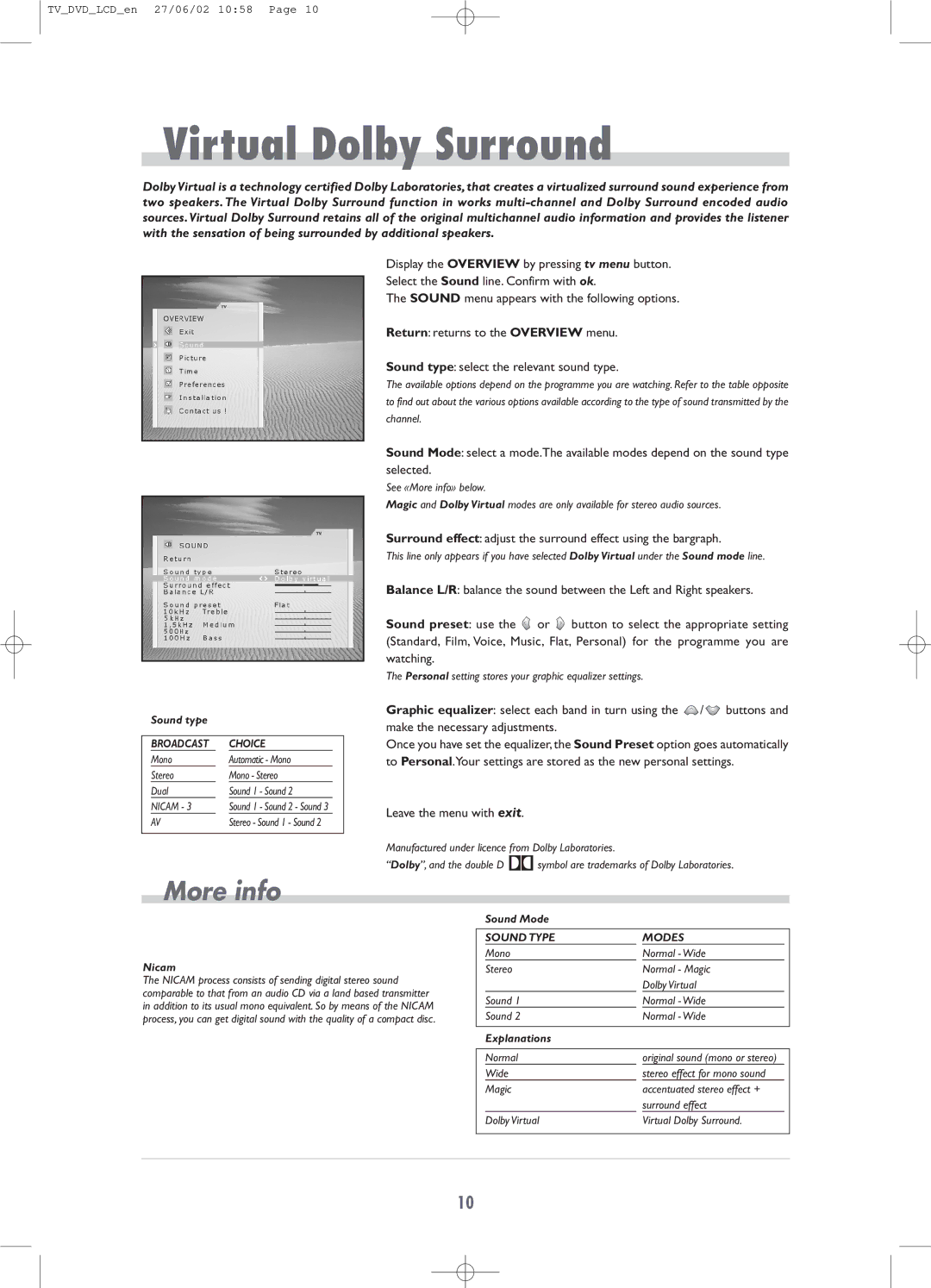 Technicolor - Thomson TV/DVD Combo manual Virtual Dolby Surround, Choice, Sound Type Modes 