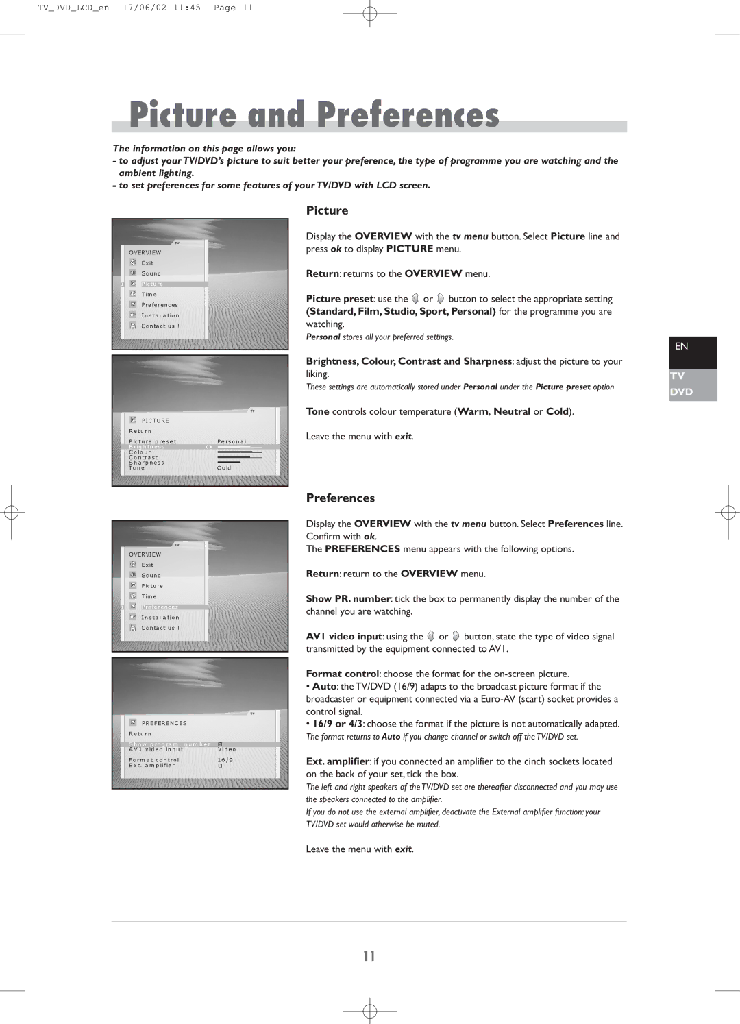 Technicolor - Thomson TV/DVD Combo manual Picture and Preferences, Liking 