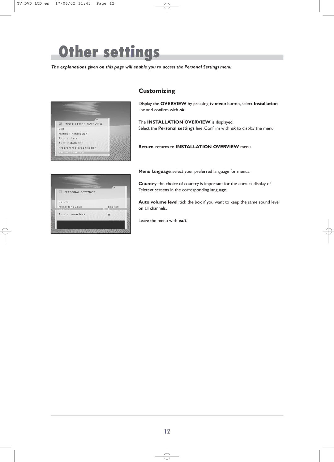 Technicolor - Thomson TV/DVD Combo manual Other settings, Installation Overview is displayed 