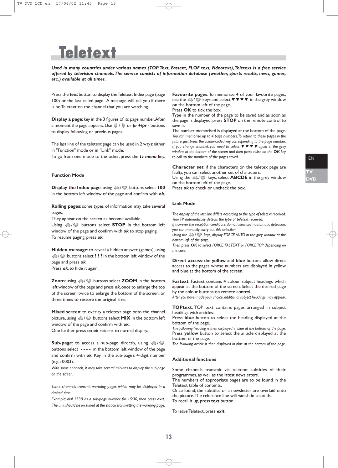 Technicolor - Thomson TV/DVD Combo manual Teletext, Function Mode, Link Mode, Additional functions 