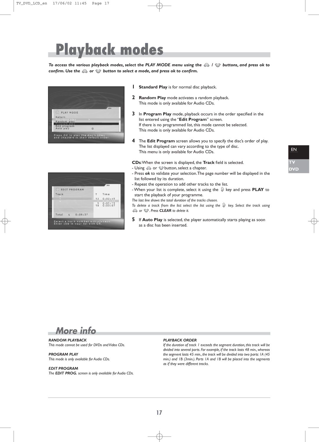 Technicolor - Thomson TV/DVD Combo Playback modes, Standard Play is for normal disc playback, Program Play, Edit Program 