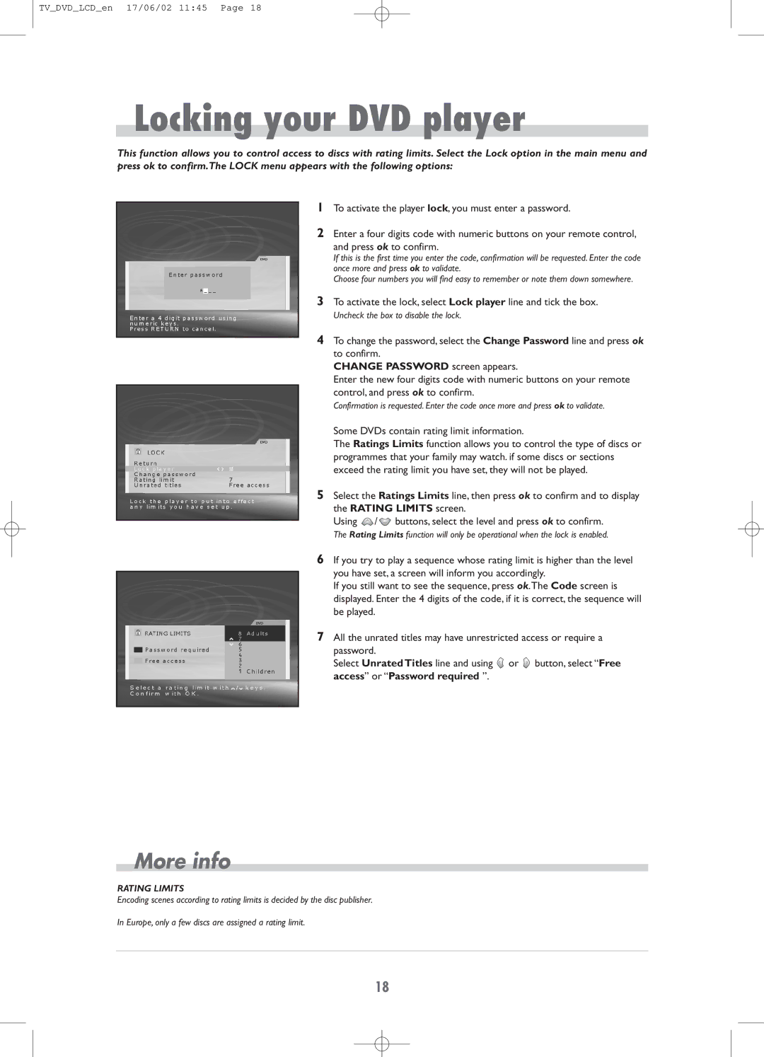 Technicolor - Thomson TV/DVD Combo manual Locking your DVD player, Change Password screen appears, Rating Limits 