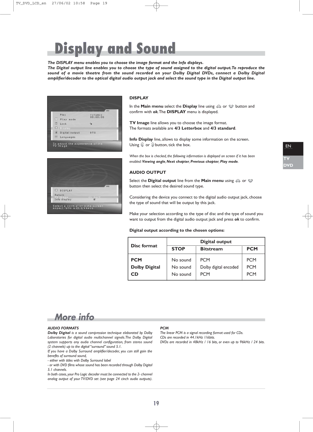 Technicolor - Thomson TV/DVD Combo Display and Sound, Digital output according to the chosen options, Audio Formats, Pcm 