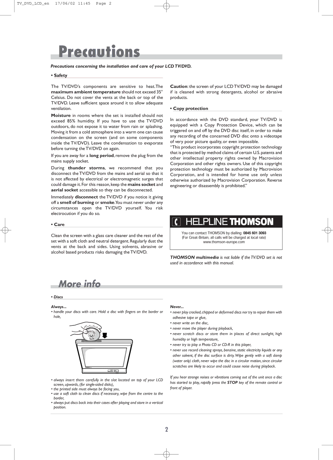 Technicolor - Thomson TV/DVD Combo manual Precautions, Safety, Care, Copy protection 