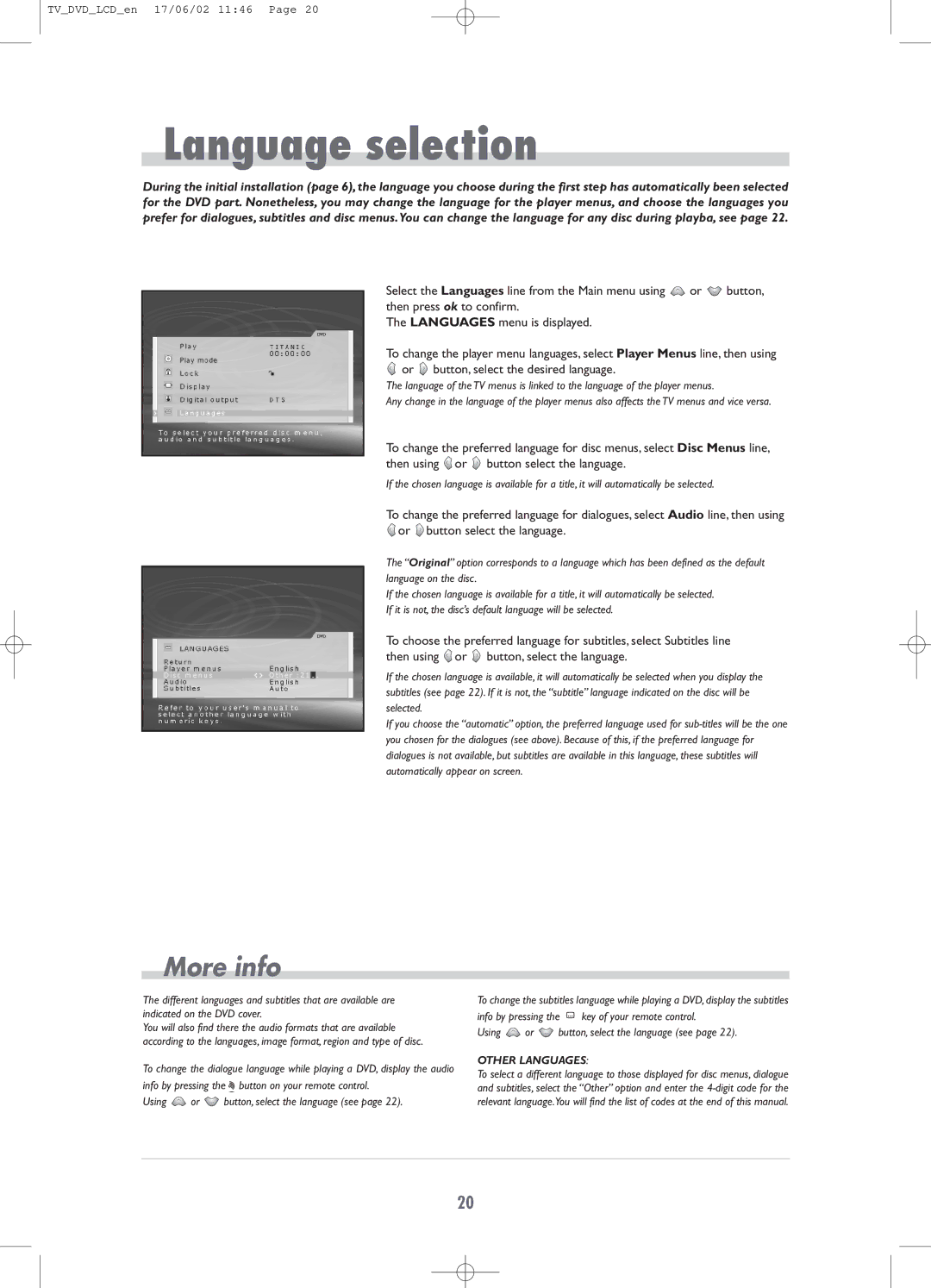 Technicolor - Thomson TV/DVD Combo manual Language selection, Other Languages 